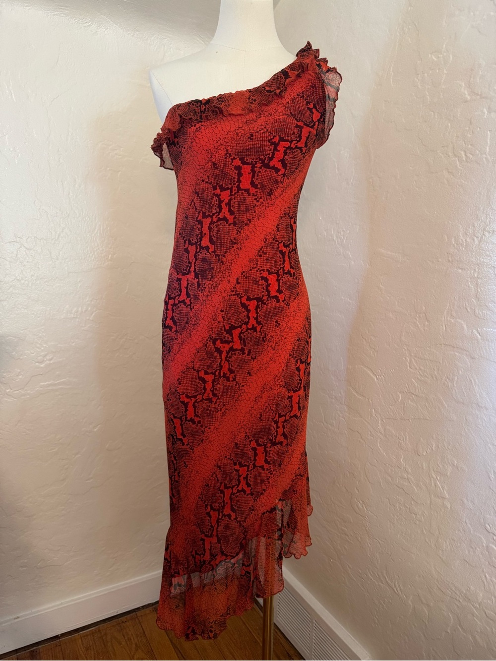 Vintage Emily D. 100% Silk One Shoulder Snake Print Asymmetrical Maxi Dress S M
